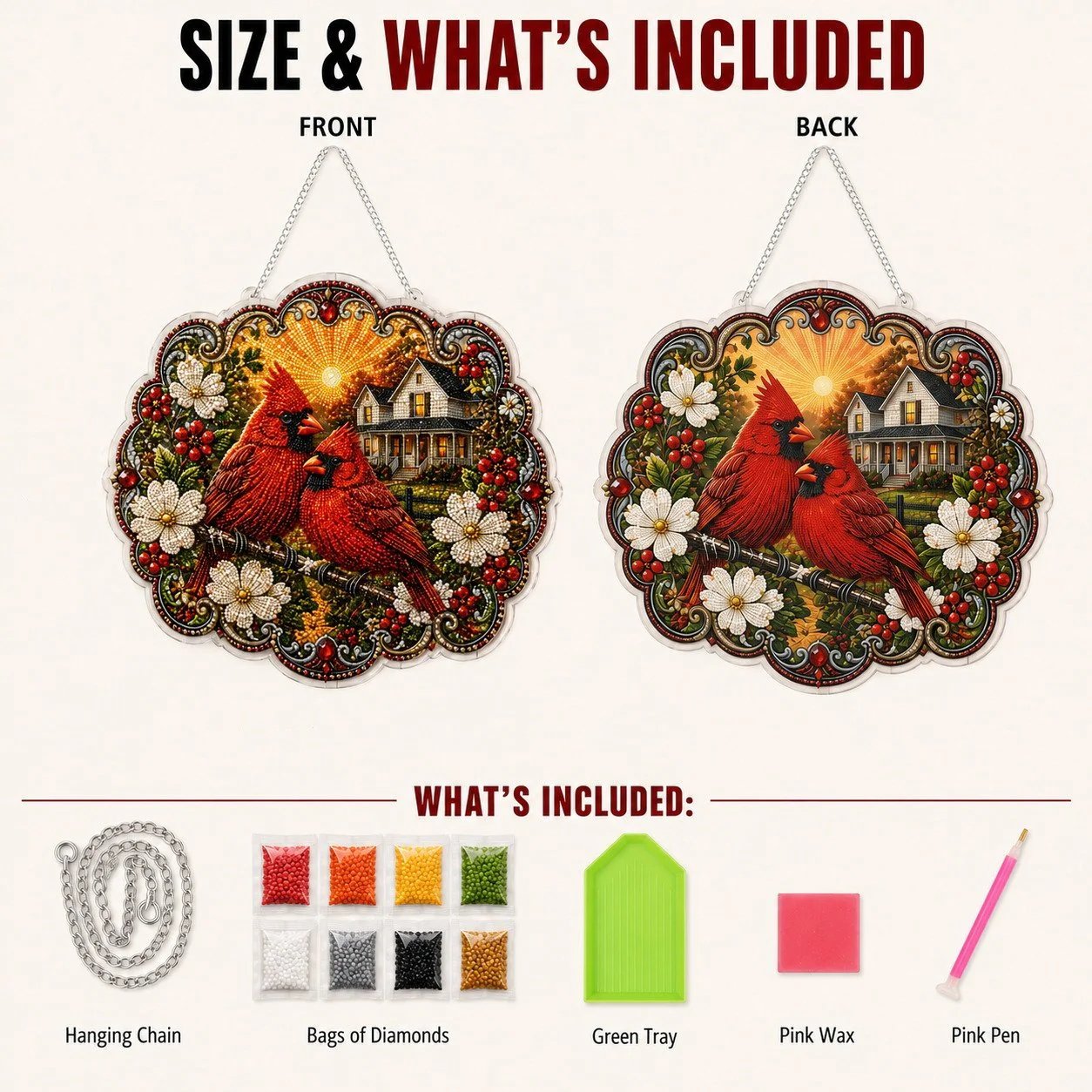 ✨🐦Beginner-Friendly-🐦Cardinals & Sunrise Diamond Art Hanging Ornament Kit