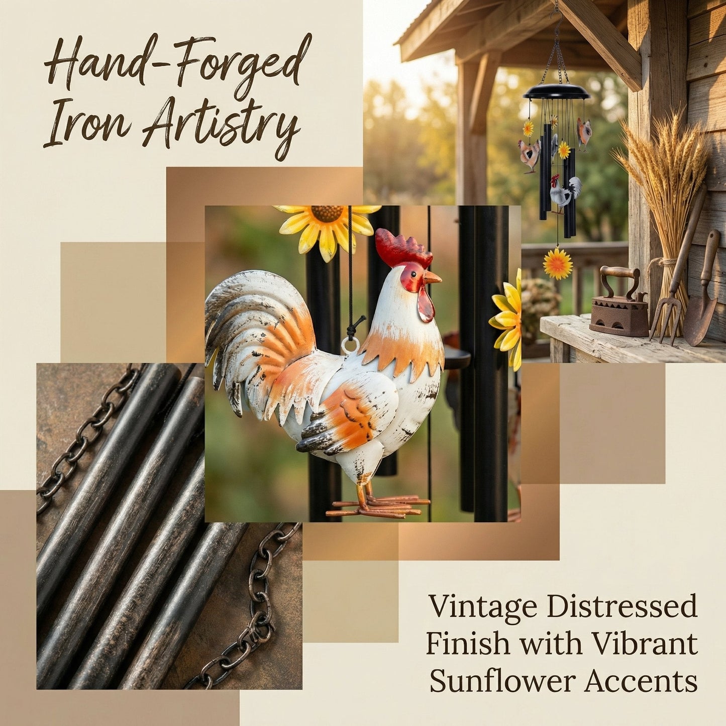 🌻Vintage Metal Chicken Wind Chime with Sunflower🐔