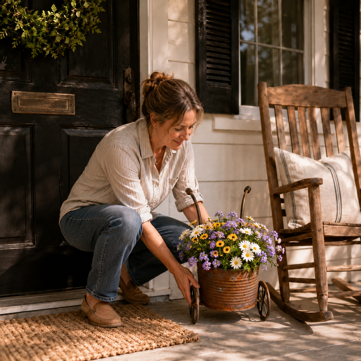 🌸🌸Rustic Metal Wheelbarrow Planter, Vintage Garden Cart Flower Pot