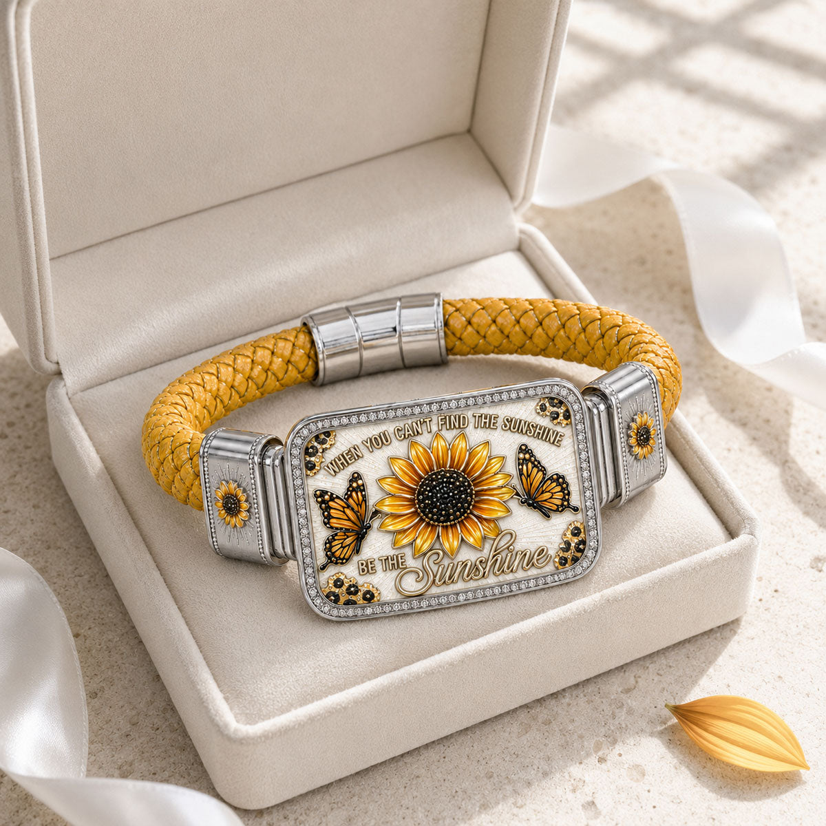 🌻Sunflower & Butterfly “Be the Sunshine” Inspirational Braided Bracelet – Yellow Floral Statement Jewelry