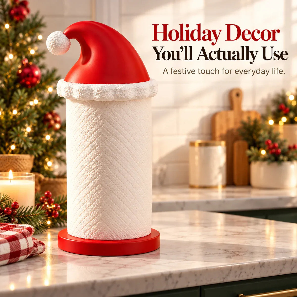 Santa hat paper towel holder displayed on a kitchen countertop