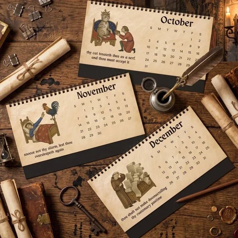 🗓️ Medieval Wisdom 2027 Desk Calendar | Medieval-Inspired Art, Modern Humor & Easy-Flip Spiral Binding 🏰