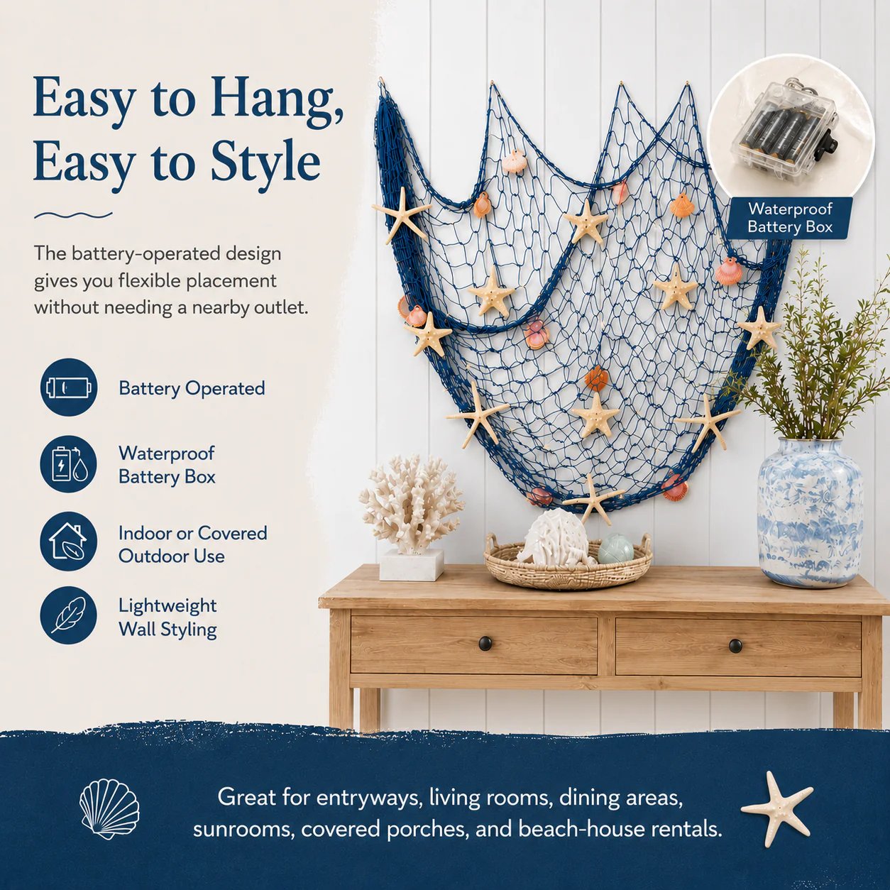🌊🌊✨ Coastal Fishing Net Wall Hanging with Fairy Lights