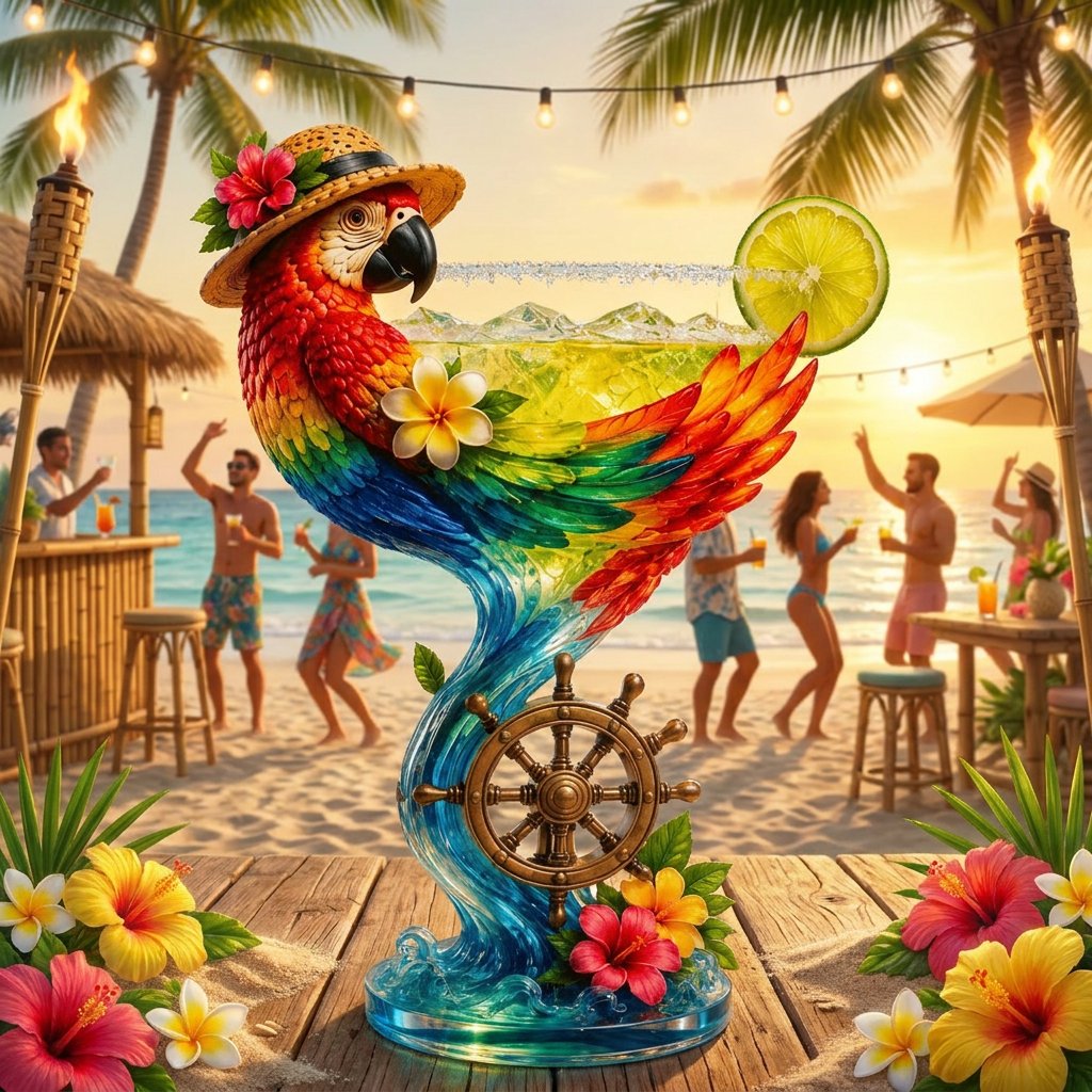 🦜🦜Parrot Paradise Margarita Glass🐢 Tropical Coastal Collector Cocktail Goblet