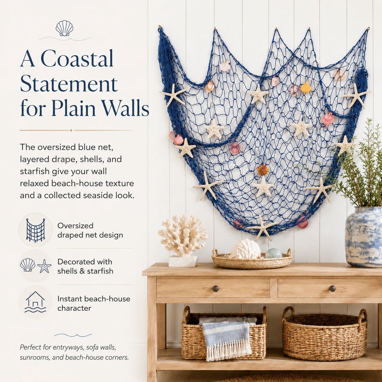🌊🌊✨ Coastal Fishing Net Wall Hanging with Fairy Lights