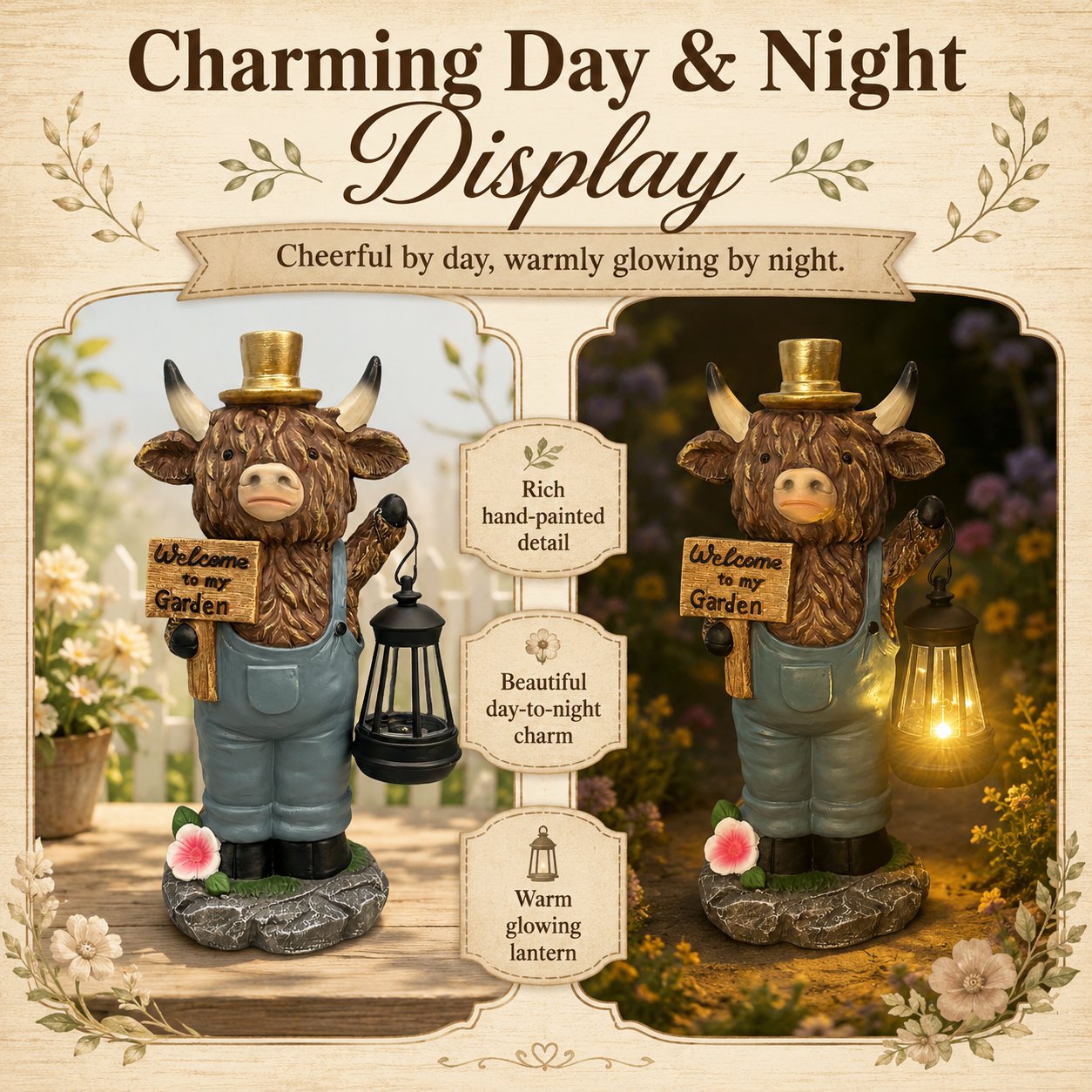 🐂🐂Handcrafted Highland Cow Solar Garden Lantern Statue