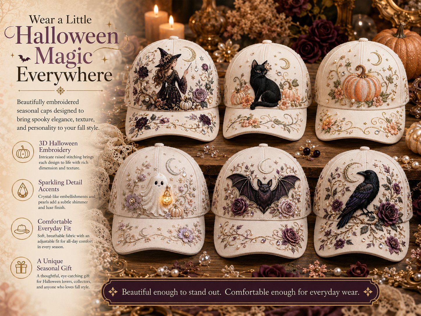 🎃 🎃 3D Halloween Embroidery Cap | Spooky Cute Adjustable Hat for Fall Outfits, Daily Styling & Halloween Parties