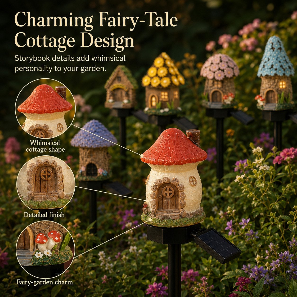 🍄🍄Solar Fairy-Tale Mushroom Cottage Garden Light