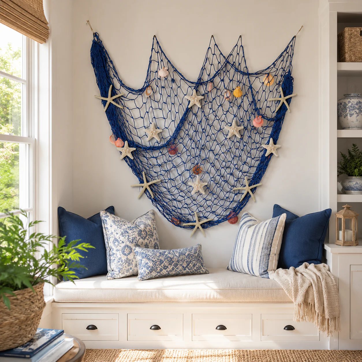 🌊🌊✨ Coastal Fishing Net Wall Hanging with Fairy Lights