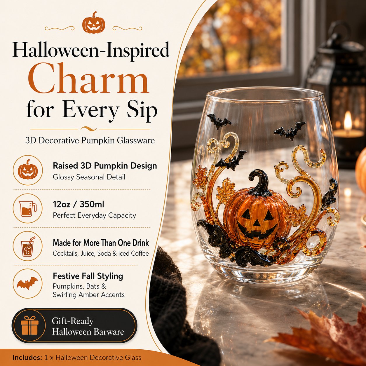 🎃 🎃 3D Halloween Artisan Glassware Collection | For Magical Halloween Sips, Eye-Catching 3D Details, Luminous Festive Party Moments & Cozy Fall Home Bar Glow