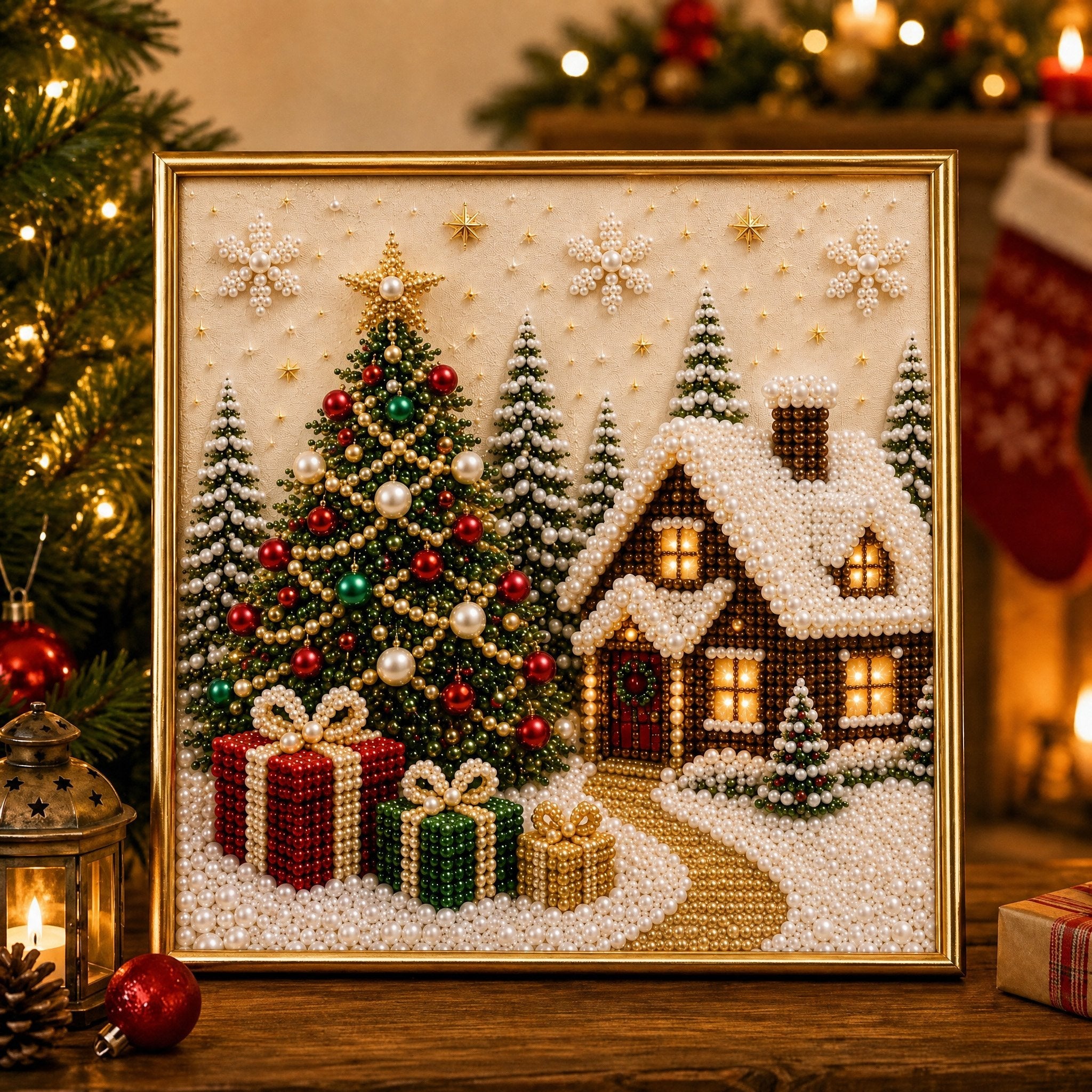 🎄🎄🎅 Premium 3D Pearl Christmas Wall Art Kit | Luxury Flocked Canvas with Scratch-Resistant Non-Fading Pearl Beads DIY Holiday Decor ⛄️❄️