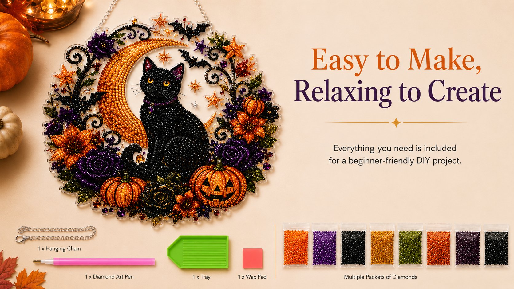 🎃🎃Black Cat Moon Diamond Art Hanging Ornament Kit – Relaxing DIY Halloween Craft 🎃💎 (📦Buy 2 Free Shipping)