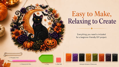 🎃🎃Black Cat Moon Diamond Art Hanging Ornament Kit – Relaxing DIY Halloween Craft 🎃💎 (📦Buy 2 Free Shipping)