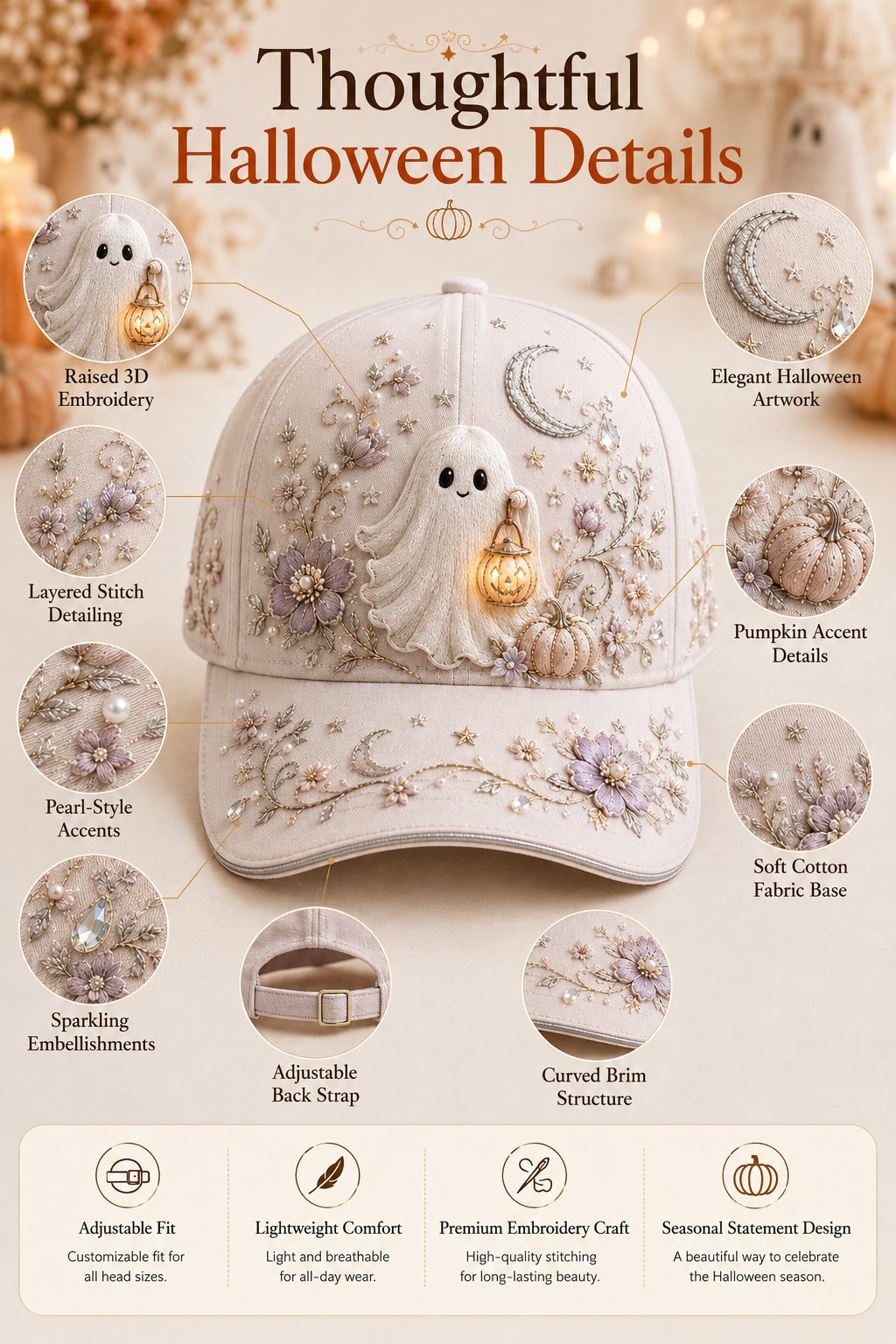 🎃 🎃 3D Halloween Embroidery Cap | Spooky Cute Adjustable Hat for Fall Outfits, Daily Styling & Halloween Parties