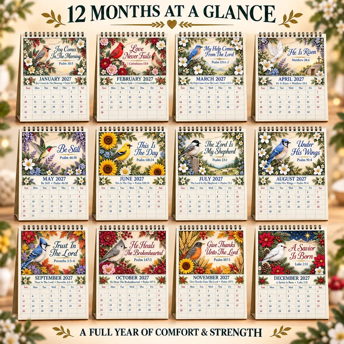 ✝️✝️ 3D Christian Calendar 2027 | 12 Scripture Designs with Nature Scenes, Birds & Flowers for Faith-Filled Homes & Meaningful Gifts 🎁