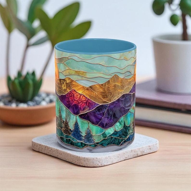 🌄 Stained Glass Sunset Mountain Mug