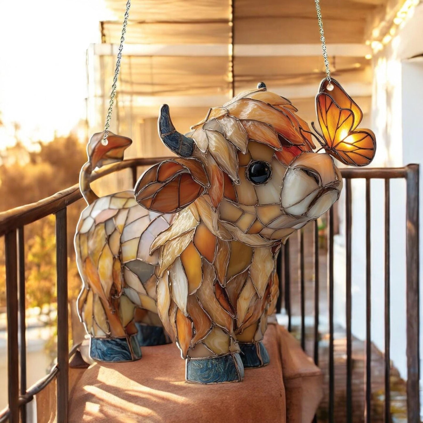 Highland Cow Butterfly Suncatcher | Stained Glass Style Window Hanging