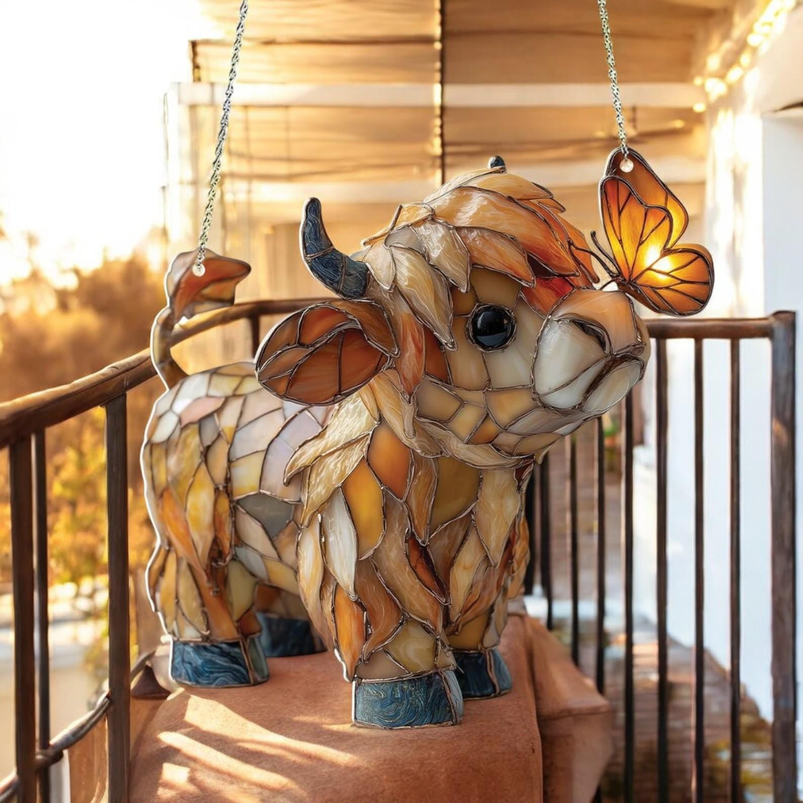 Highland Cow Butterfly Suncatcher | Stained Glass Style Window Hanging