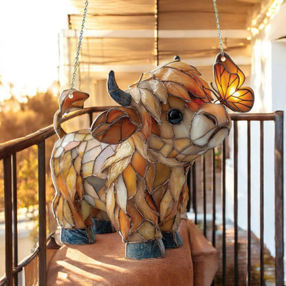 Highland Cow Butterfly Suncatcher | Stained Glass Style Window Hanging