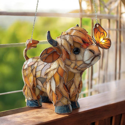 Highland Cow Butterfly Suncatcher | Stained Glass Style Window Hanging