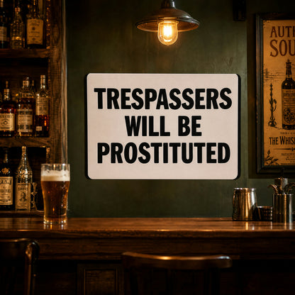 Funny Vintage Metal Sign – “Trespassers Will Be Prostituted” Warning Wall Decor 😂