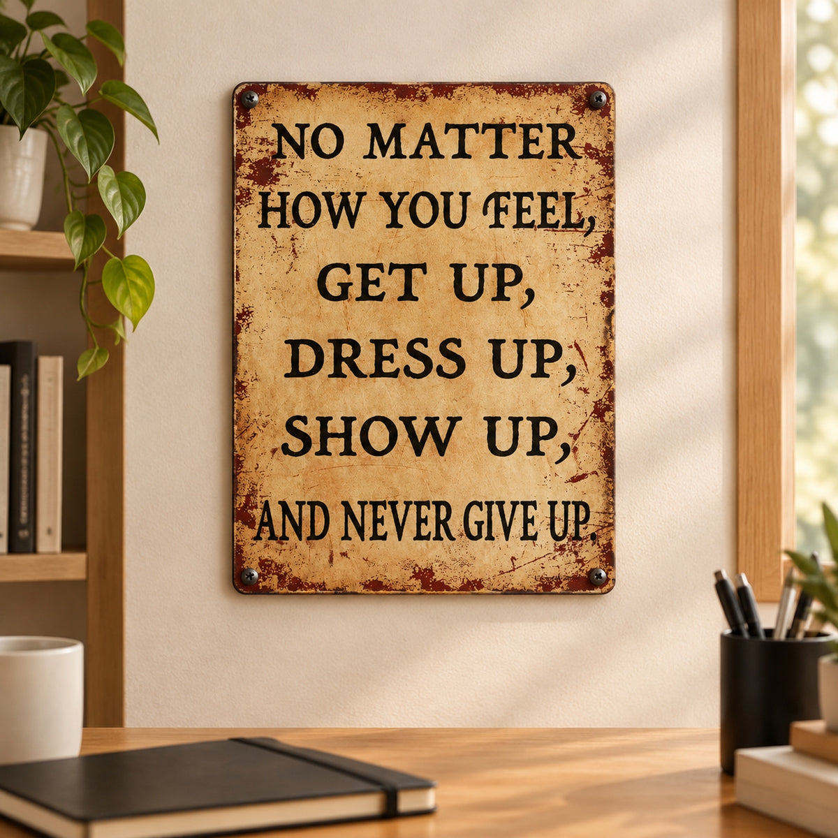 Inspirational Vintage Metal Sign – “Never Give Up” Motivational Wall Decor