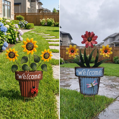🔥Summer Hot Sale🌻Welcome Flower Pot Metal Garden Decor, Hangable & Stakeable Yard Art