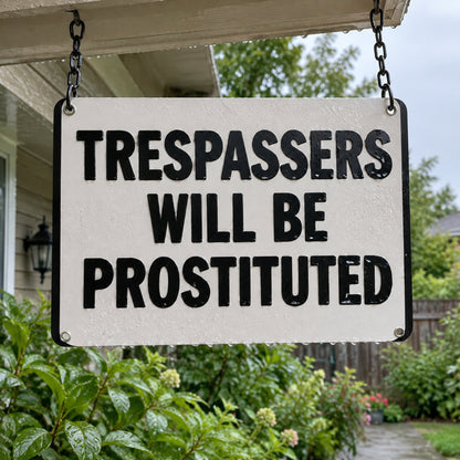 Funny Vintage Metal Sign – “Trespassers Will Be Prostituted” Warning Wall Decor 😂