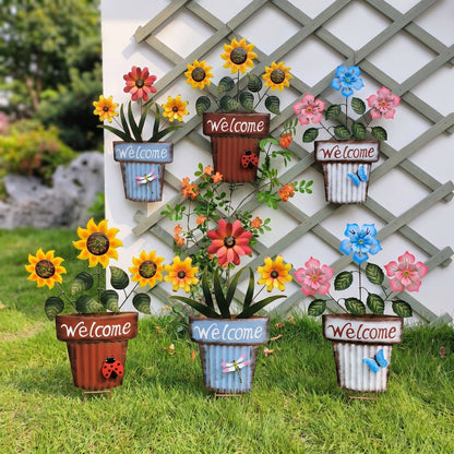 🔥Summer Hot Sale🌻Welcome Flower Pot Metal Garden Decor, Hangable & Stakeable Yard Art