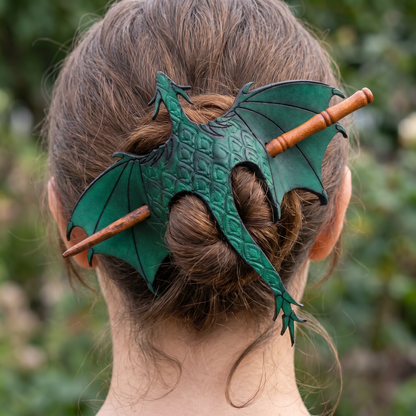 🐉 Leather Tooled Dragon Hair Slide with Wood Stick